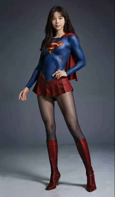 No background、(((Beautiful legs in black tights.)))、(((Legally express the beauty of your smile)))、((((Make the most of your original images)))、(((Supergirl Costume)))、(((Beautiful Hair)))、(((suffering)))、(((Please wear black tights....、Wear red boots)))、(...