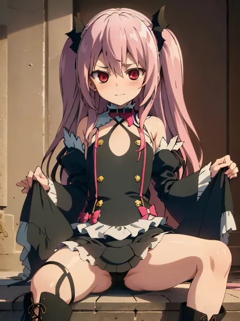 NSFW,Krul Tepes、Red eyes、Flat Chest、Long Hair、Pink Hair、Two Side Up、hair ornaments、boots、Black Dress、Bare shoulders、Wide sleeves、ribbon,(Perfect hands),(Perfect Anatomy),(masterpiece),(highest quality),Embarrassed,blush,(Skirt Lift:1.5),High-quality linger...