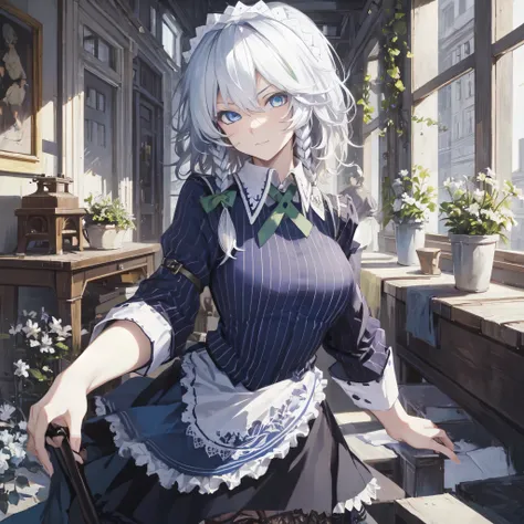 masterpiece, best quality,  1girl, solo, sakuya izayoi, silver hair, maid dress, white apron, very short skirt, sexy pose,, slee...