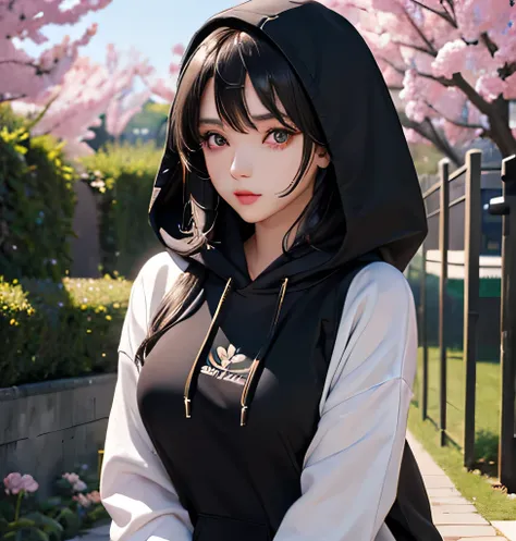 Beautiful girl, black hair, wearing a black hoodie, detailed eyes, detailed lips, beautiful glowing face,attractive, 3d anime realism, 4k, 8k, photorealistic, standing in very beautiful flower greenary garden