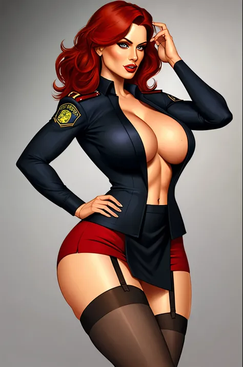 Busty cop, sexy uniform. realistic, red hair, short skirt, garter belt
