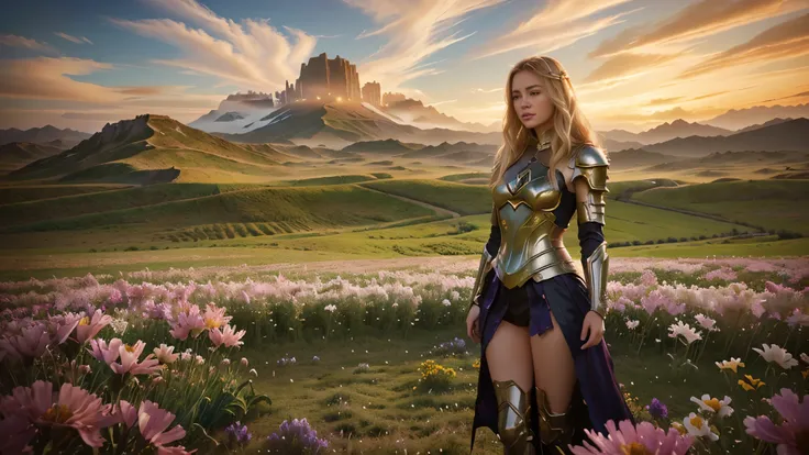 blonde woman in armor standing in a field of flowers, artgerm julie bell beeple, HD epic fantasy art style, Epic fantasy digital art style, Graphic artist Magali Villeneuve, Alena Aenami e Artgerm, inspirado em Magali Villeneuve, linda paladina feminina, 2...