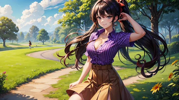 1girl, full body, summer, village, trees, sun, clouds, ((colorful hair)), long hair, curly hair, ponytail, large breasts, button down shirt, ((purple shirt)), ((short sleeved shirt)), ((unbuttoned shirt)), unbuttoning buttons, popping buttons, cleavage 1:3...