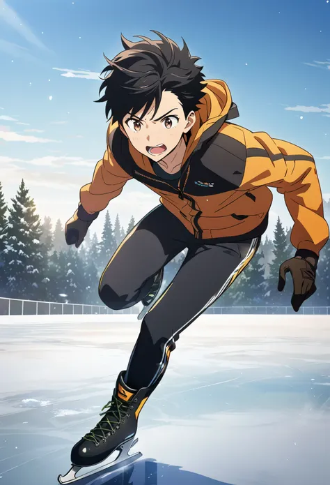 ice skater at daylight skating on ice, anime boy with short black hair and brown eyes, wearing a jacket and ice skates, best quality, illustration