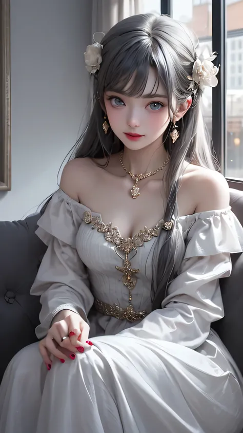 （Girl sitting on sofa in office)、Beauty、 One Girl、alone、Long Hair、Viewer、smile、blue eyes、hair ornaments、gem、Gray Hair、Shut your mouth、Blunt bangs、Manicure、bracelet、lips、Grey Eyes、Portraiture、Red nails、close、Red lips、Put your hands on your face、Place your h...