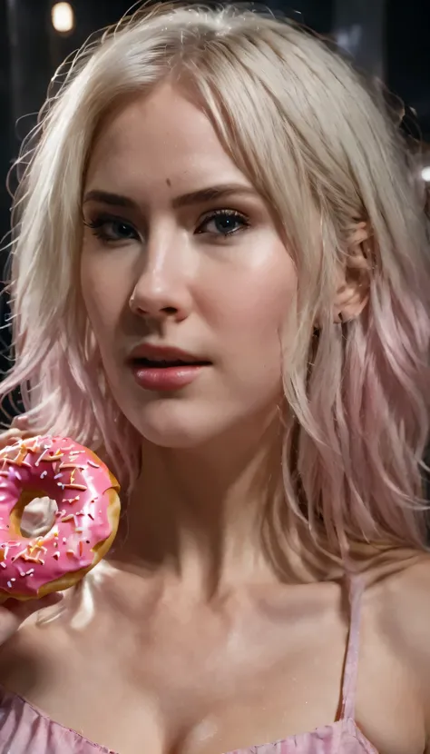 (she craves for donut).blond woman with white hair and (a pink donut in her mouth):1.5.(she holds the big pink donut upright in ...