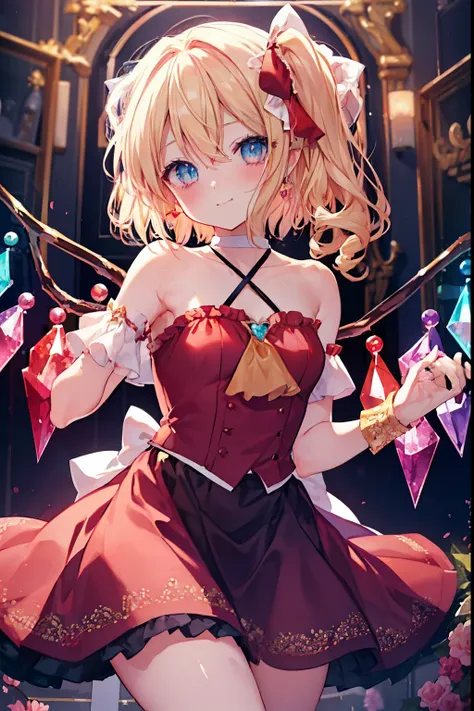 flandre_scarlet、blush,smile、Blonde、Half Bob Hair、Primary school students、The back is very small、Lolita、Small breasts、Please show me your armpits、exterior: 14 years old、Shoulder Bare、The clavicle is visible、Sexy thighs、Beautiful legs、Usual hairstyle、highest...