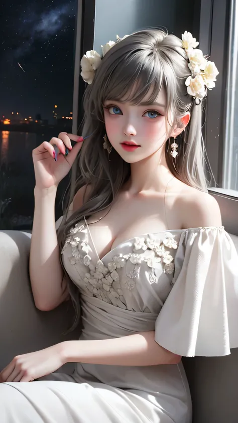 （Girl sitting on sofa in office)、Beauty、 One Girl、alone、Long Hair、Viewer、smile、blue eyes、hair ornaments、、gem、Gray Hair、Shut your mouth、Blunt bangs、Manicure、bracelet、lips、Grey Eyes、Portraiture、Red nails、close、Red lips、Put your hands on your face、Place your ...