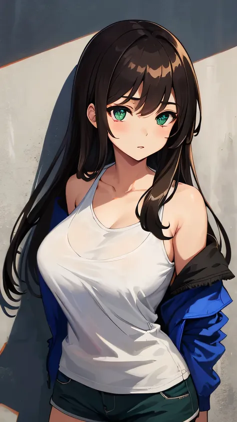 (masterpiece, highest quality, Very detailed, Best Shadow), (Beautifully detailed face), High Contrast,One girl,only,Dark brown hair,Straight Long Hair,Side Tail,green, Clear Eyes,Upper Eye,Shorts, Off the shoulder, Expose your shoulders, Open jacket,She h...