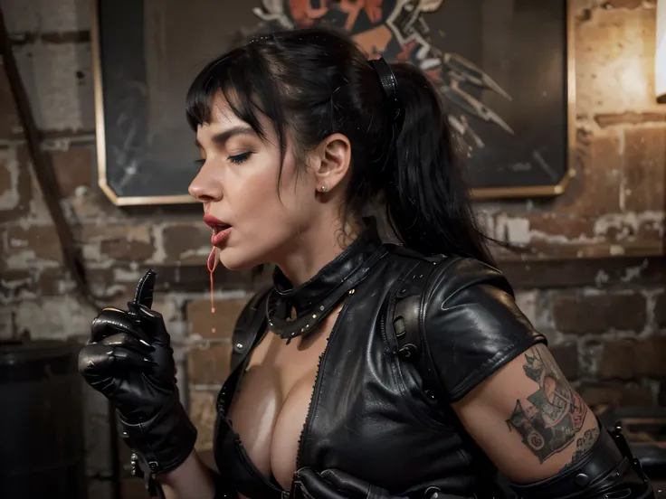 a girl Mad Max inspirado, heavy metal artwork , 25 years old, Bettie Page, ponytail, black hair, eyes closed, mouth open, completly dressed in a steampunk dress, black skirt, red lipstick, ((detailed black leather gloves)), together with her lover secret f...