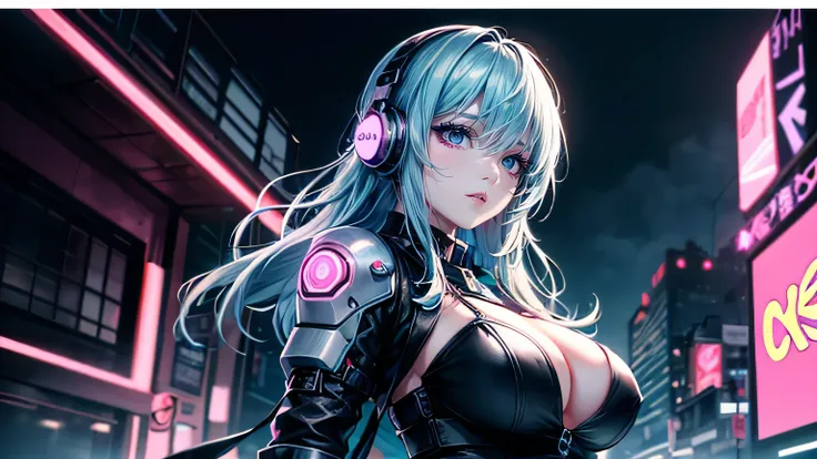 (Highly detailed CG Unity 8k wallpaper),(masterpiece), (highest quality), (Super detailed), (Best illustrations),(Best Shadow), (Sharp eyeliner, eye shadow, Fine grain:1.1),cyber punk,Big Breasts,Neon Light,,Purple overall,Cyberpunk gadgets,Light blue hair...