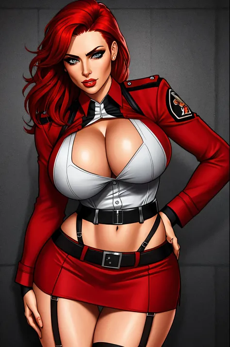 Busty cop, sexy uniform. realistic, red hair, short skirt, garter belt
