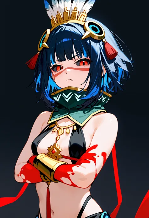 masterpiece, score_9, score_8_up, score_7_up, 1girl, (black sclera, red eyes), short hair, black hair, sidelocks, colored inner hair, blue hair, eyeliner, blood on hands, feathers, headdress, facepaint, jewelry, bracer, tassel, high collar, detached collar...