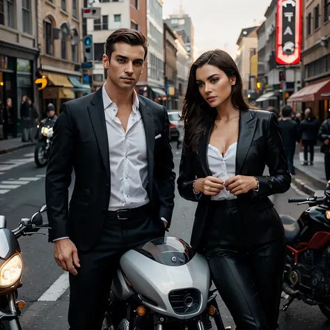 a handsome businessman in a stylish business suit, a stunning girl standing beside her Ducati motorcycle, a sleek Ferrari, elegant formal attire, high-end luxury vehicles, detailed facial features, expressive eyes and lips, dynamic pose, cinematic lighting...