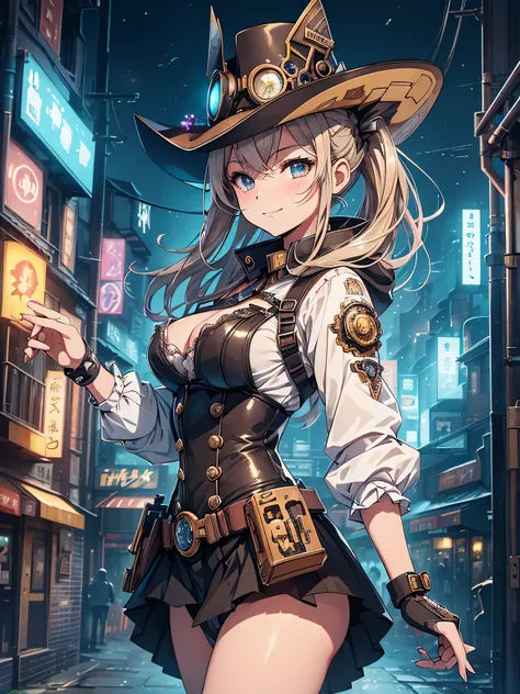 (Line art_anime),(Cowboy Shot,Low Angle, highest quality, ),(Laura Budd Photos:1.2),(Laura Add details:1.0),8k, Flat Color:0.8,1 girl,smile,(Highly decorative and complex mechanical steampunk fashion, Lace flare dolphin hat、goggleachinery background、Gear b...