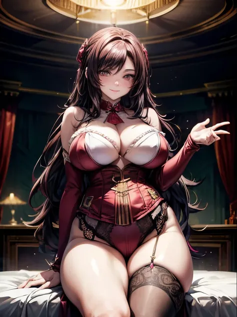 Anime, a glamour shot of a smiling MILF, wavy hair, busty, big ass, Standing demurely with her legs crossed in a bedroom, long sexy legs, leaning toward the viewer, with Smokey eyes and knowing smile wearing a revealing red corset, lace stockings, insanely...