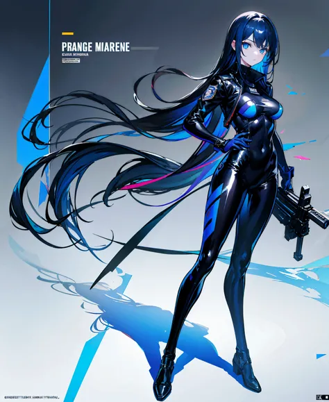 There is no background，girl，Carry a firearm，Patent leather tight suit，Use of firearms，Navy blue long hair，attention arousal，Blue colored eyes,No gradients