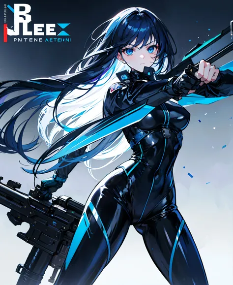 There is no background，girl，Carry a firearm，Patent leather tight suit，Use of firearms，Navy blue long hair，attention arousal，Blue colored eyes,No gradients