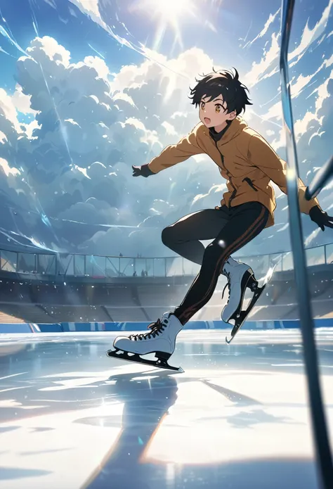 ice skater at daylight skating on ice, anime boy (short black hair and brown eyes), wearing ice skates, daylight (clouds and sunlight), no other humans, masterpiece, best quality, Illustration