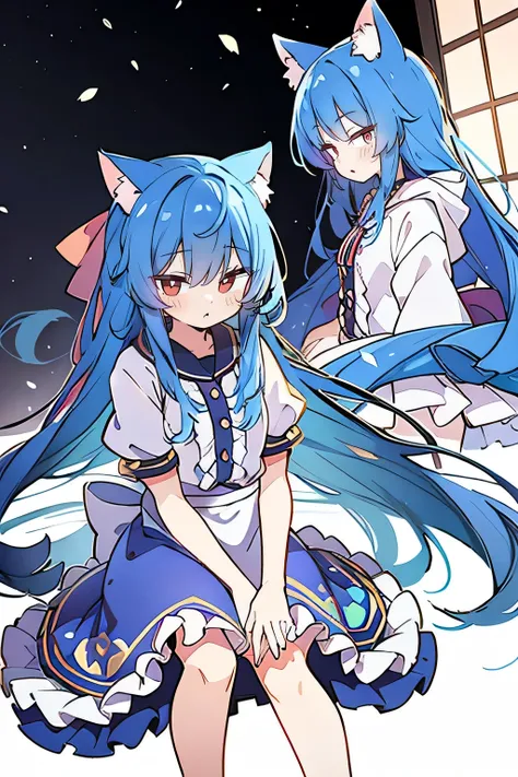 （masterpiece：1.2），Super detailed，lifelike，Expressive eyes，fair skin，perfect face shape，1 girl，
Japanese comics,Gorgeous blue hair,flowing blue hair,flowing clothes,Cat ears,Petals fall,beautiful lola,Baby Angel,
Shaking head with one hand，Cross your legs，G...