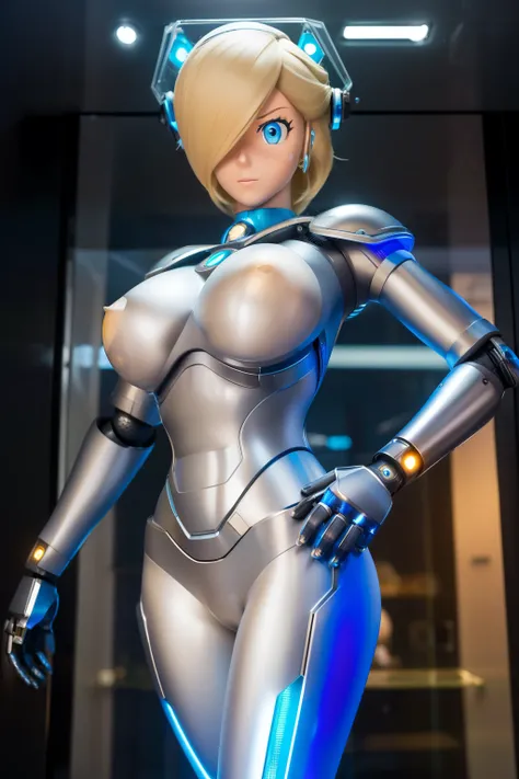 ultra detailed of a woman cyborg, 1girl, (natural skin texture, realistic eye details:1.2) rosalina, animatronic, alone, breasts, blue eyes, blonde hair, Android, long hair, robot ears, stand at attention, cameltoe, display case, inside glass box, artwork,...