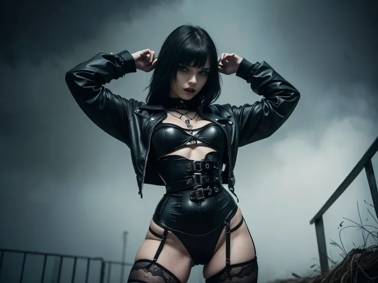 (Best Quality,hight resolution,Masterpiece, full body shot:1.2),Ultra-detailed,woman dressed in black high waisted g-string thong and straitjacket,sickly,standing in a creepy asylum, fishnet lace stockings, super high waisted g-string thong, creepy abandon...