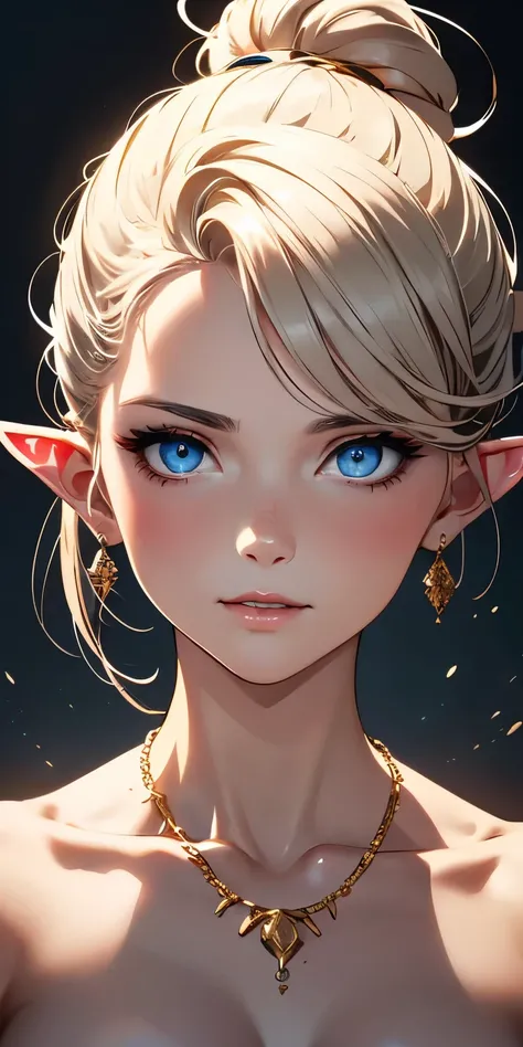 A beautiful, detailed portrait of a young platinum-haired girl, her hair tied back in a high ponytail or ballerina bun, no bangs, looking directly at the viewer with cerulean blue eyes and an innocent, charming smile. Her face is flawless, with delicate fe...