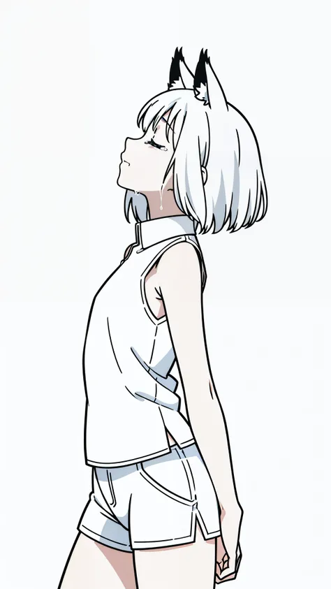 (1girl,8 years old,small),solo,white hair,short hair,fox ears,white shirt,sleeveless,white shorts,(white background,line drawing),closed eyes, profile,cowboy shot,(separated lips),looking up,floating,(crying,tear)