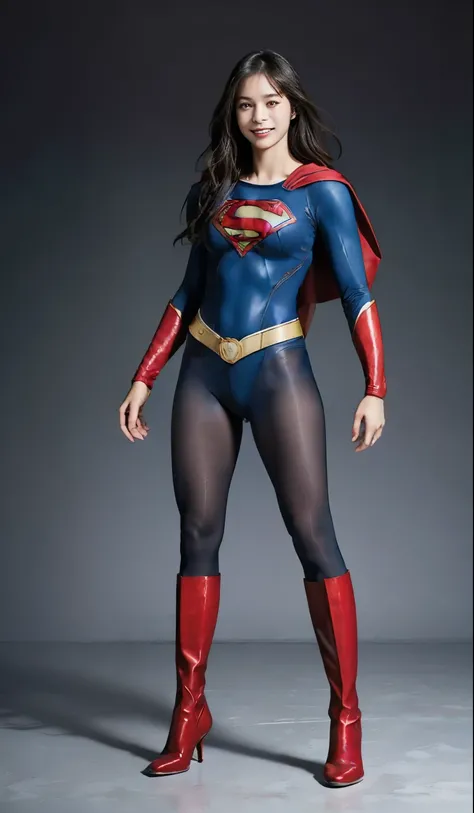 No background、(((Beautiful legs in black tights.)))、(((Legally express the beauty of your smile)))、((((Make the most of your original images)))、(((Supergirl Costume)))、(((Beautiful Hair)))、(((suffering)))、(((Please wear black tights....、Wear red boots)))、(...