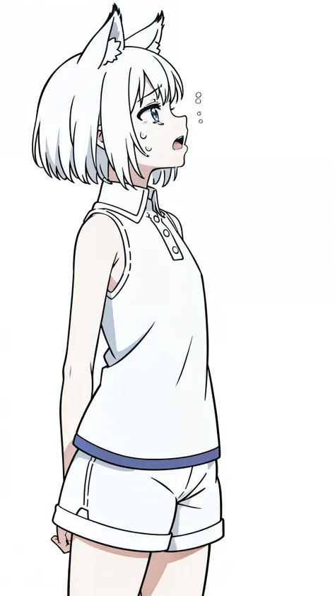 (1girl,8 years old,small),solo,white hair,short hair,fox ears,white shirt,sleeveless,white shorts,(white background,line drawing), profile,cowboy shot,(open mouth),looking up,(crying,tear)