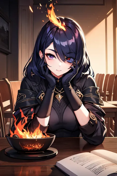 Girl with fire long hair and eye, she sit on a chair  and having her head resting on her left hand, and her right hand on the table

She have a dominant look

Make her eye completly red

She have obsidian glove

She also have a obsidian chesplate but her h...