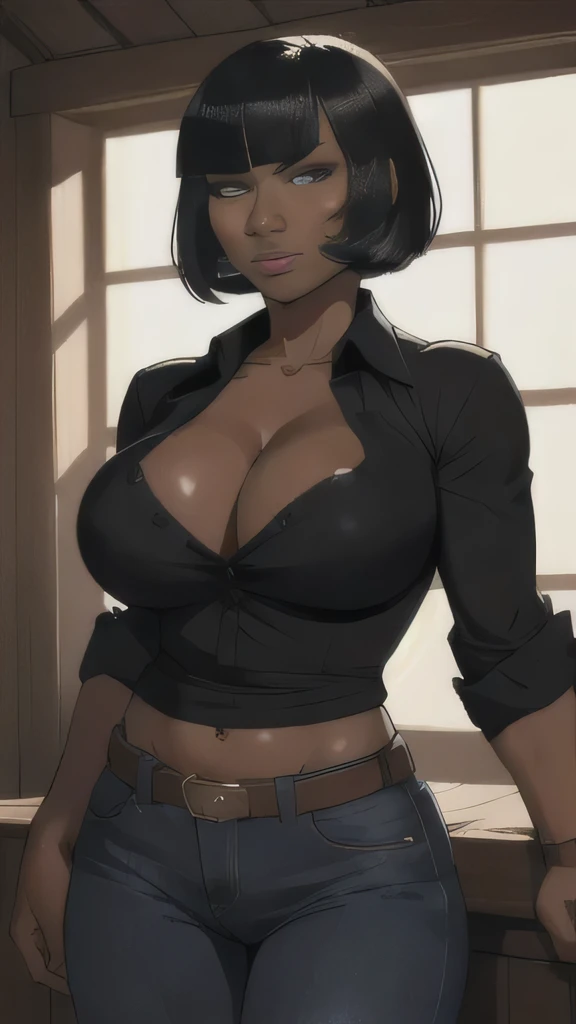 ((highest quality)), （tmasterpiece，A high resolution，best qualtiy：1.2），8K， (detailed), Perfect Face,bob hair ,blunt bangs,dark skin,  breasts, cleavage, black shirt, jeans, cowboy shot, indoors,No expression,forehead,