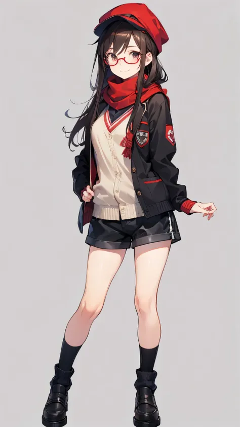 a girl, 1girl, solo, full body, (standing), smiling, long hair, dark brown hair, newsboy cap, eye glasses, red scarf, cardigan, open jacket, shorts, socks, black footwear, masterpiece, best quality, (no background, simple background)