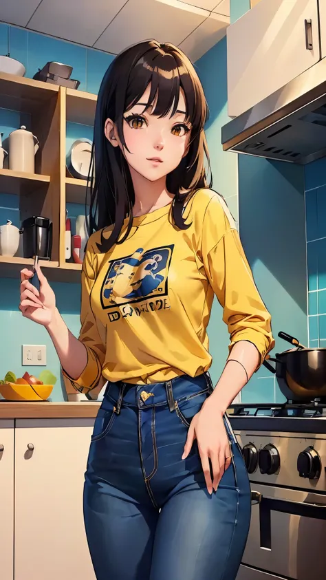 anime girl in a kitchen with a yellow shirt and blue jeans, marin kitagawa fanart, cooking, high quality fanart, anime moe artstyle, realistic anime 3 d style, realistic anime artstyle, high quality anime artstyle, portrait knights of zodiac girl, high det...