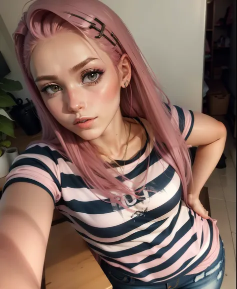 jeans, pink hair