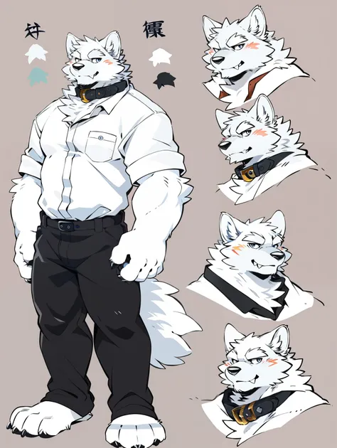 a snow wolf, ((all white fur:1.5)), perfect sky blue eyes, collar, (artist:takemoto arashi), mature face, elder, simple backgrou...