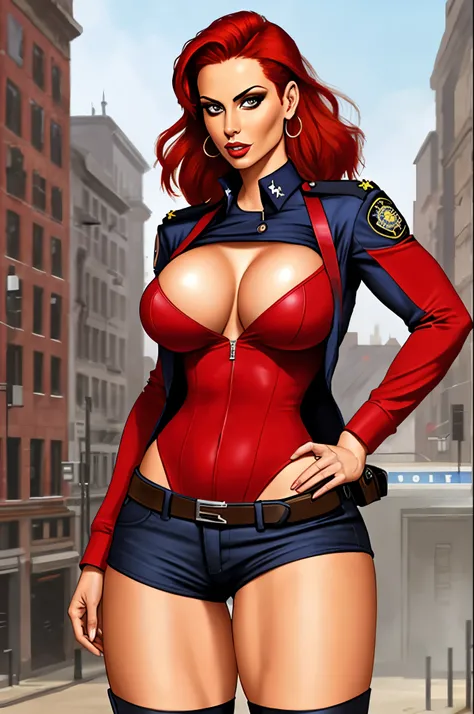 Busty cop, sexy uniform. realistic, hotpants, red hair