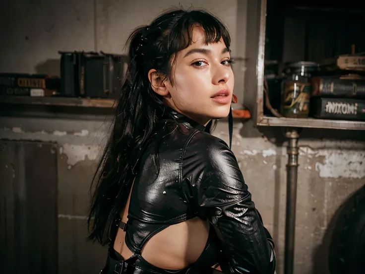 a girl Mad Max inspirado, heavy metal artwork , sensually smilng of pleausure,25 years old, Bettie Page, ponytail, black hair, eyes closed, mouth open, completly dressed in a steampunk dress, black skirt, red lipstick, ((detailed black leather gloves)), to...