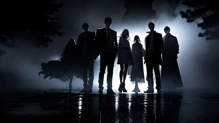 hallyu a group of people standing in front of someone in the dark, in a style inspired by syntheticism, hallyu, primitive and e...