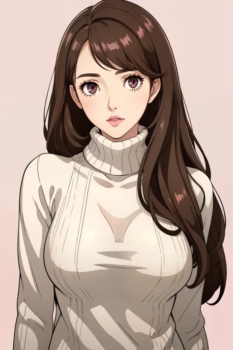 Girl, long soft brown hair, dark gray eyes, soft sharp features, white skin, pink lips, beautiful, sweater