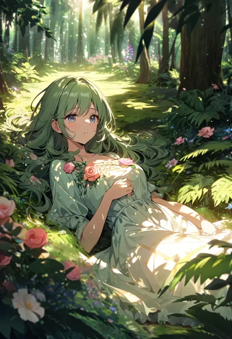 A tranquil forest scene with sunlight filtering through the dense canopy, casting dappled shadows on the forest floor covered in lush ferns and wildflowers, with a beautiful woman wearing a pastel rose dress resting on the forest floor.