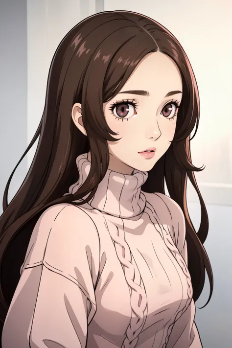 Girl, long soft brown hair, dark gray eyes, soft sharp features, white skin, pink lips, beautiful, sweater