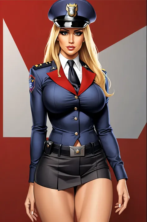 Busty cop, sexy uniform. realistic, short skirt, blonde
