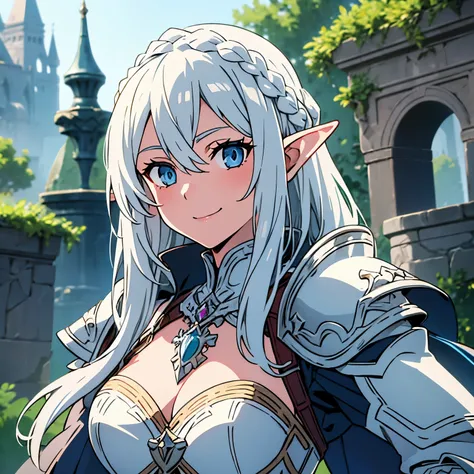 castle, medieval background, smile, Smiling, solo, 1girl, soft smile, slender figure, slim, young girl, short height, full cheeks, skinny, short height, Sexy, Beautiful composition, beatiful face, handsome body (Body Full 1.1.), Beautiful figure, in full h...