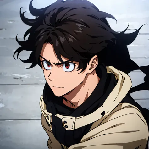 Guy, Black mid-length flowy hair covering mostly of eyes, brown skin, gray piercing and tired eyes, dark circles under the eyes, hollow eyes, staring at the viewer, wearing a gray long sleeve, high school back ground, in My Hero Academia style, close ups