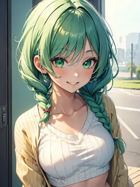 (masterpiece, best quality:1.4), 8k, close up, light pastel green hair, short braided hair, young adult, anime girl, smiling, ha...