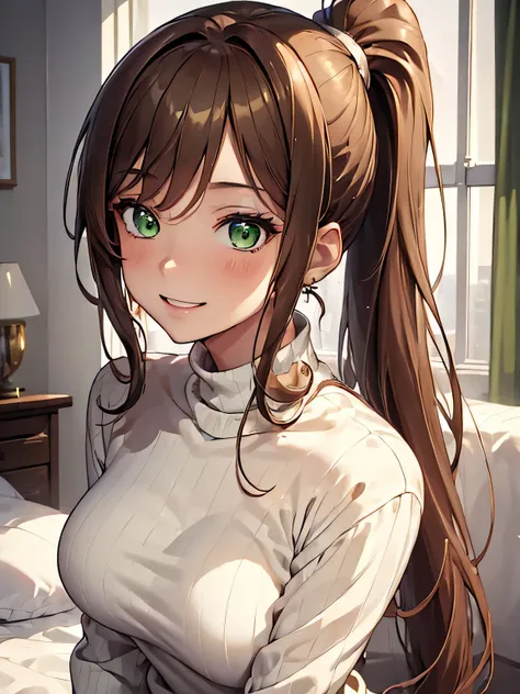 (masterpiece, best quality:1.4), 8k, Close Up, Light Brunette Hair, Long Ponytail Hair, Young adult, anime girl, Smiling, Happy, light Green Eyes, Big Chest, White Turtleneck, Beige Sweater (detailed eyes and face, sharp pupils, realistic pupils:0.6)