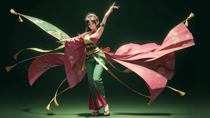 female dancer, alone, japanese anime style animation, full body, pants look, green background, face facing front, t-pose