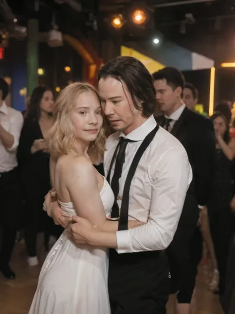 Fix faces , clear photo ,hugging couple ( 1 male Keanu Reeves aged 25 )And 1girl(Emma Myers at 20) Dressed in a white dress , hugging while dancing, in the middle of the dance floor, focus,nightclub atmosphere,Close photo,8k rendering,Photorealism,