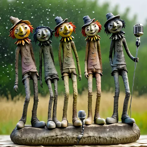 (best quality:1.2),ultra-light Clay, Clay, Pottery, distressed, dirty, mineral pigments, 3D Clay sculpture art, Clay sculpture, Rough surface, (artwork,A band of tall scarecrows singing in the fields。Holding the microphone,Guitar,Long legs,Interesting con...